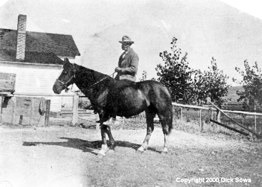William Worsley on his horse in front of his house in Castner Falls, Cascade County, Montana