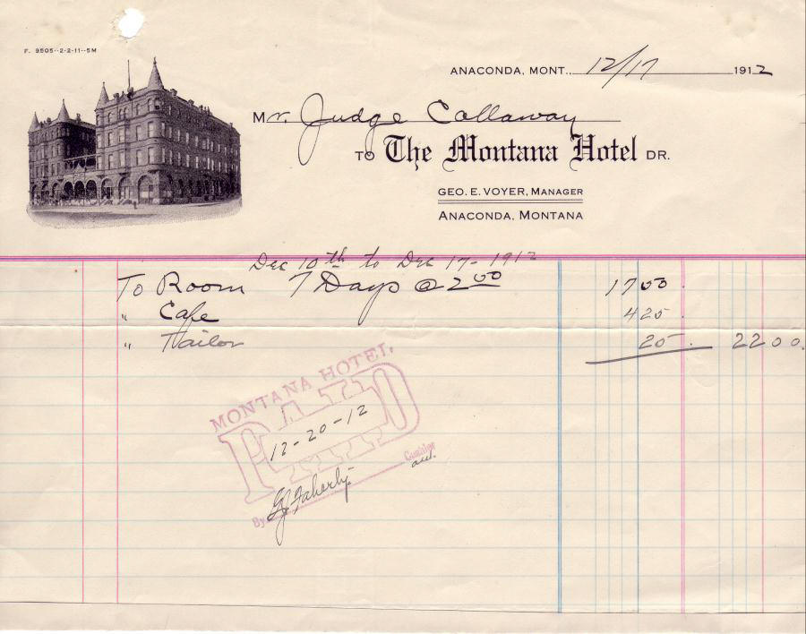 1912 Montana Hotel Receipt for Judge Callaway