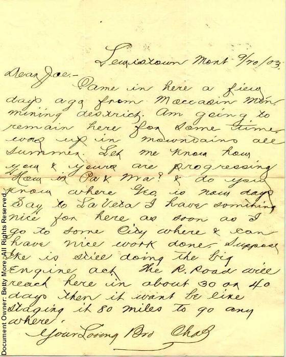 Swaggart Letter to Brother Joe September 1903