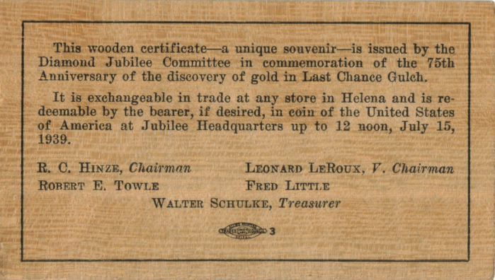 Two Wooden Nickels, Diamond Jubilee, Helena, Lewis and Clark County, Montana