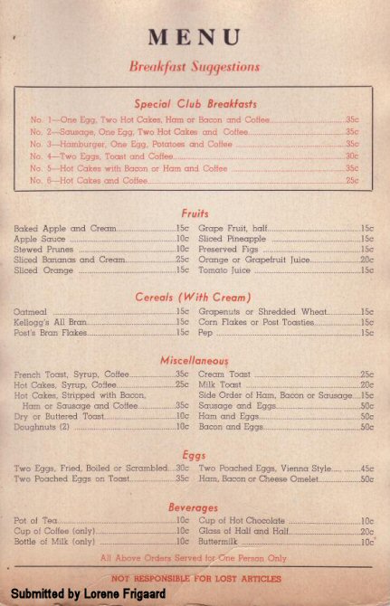 Menu from the Coffee Cup Cafe