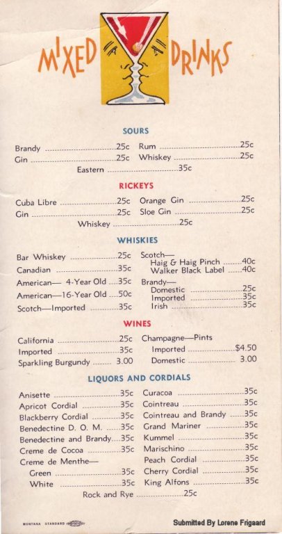 Menu from the Club, Butte, Montana