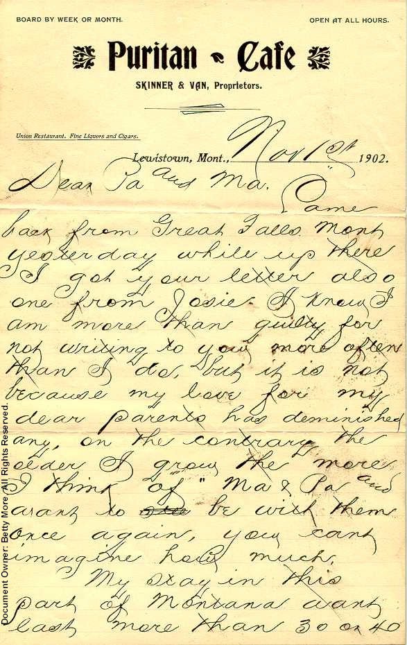 Swaggart letter to Parents November 1902