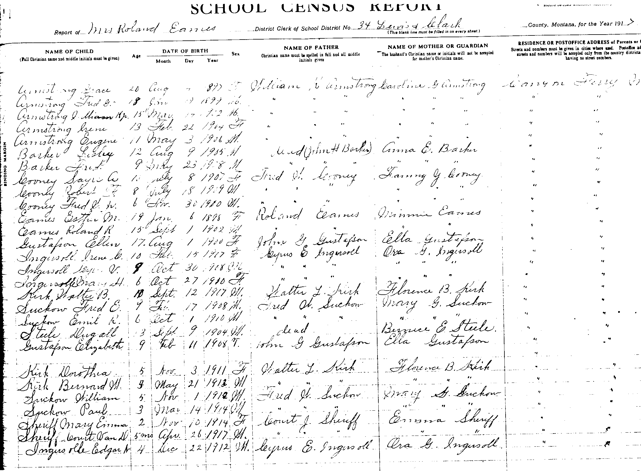 Canyon Ferry School Census 1917