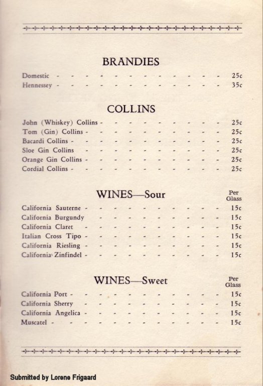 Menu from the Paradise Bar