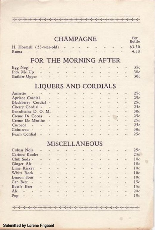 Menu from the Paradise Bar