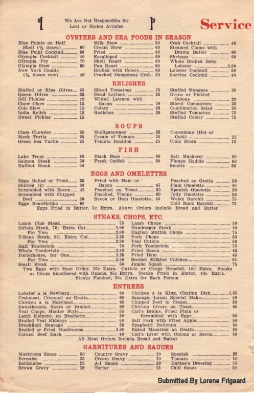 Menu from the Luzon Cafe, Billings, Montana
